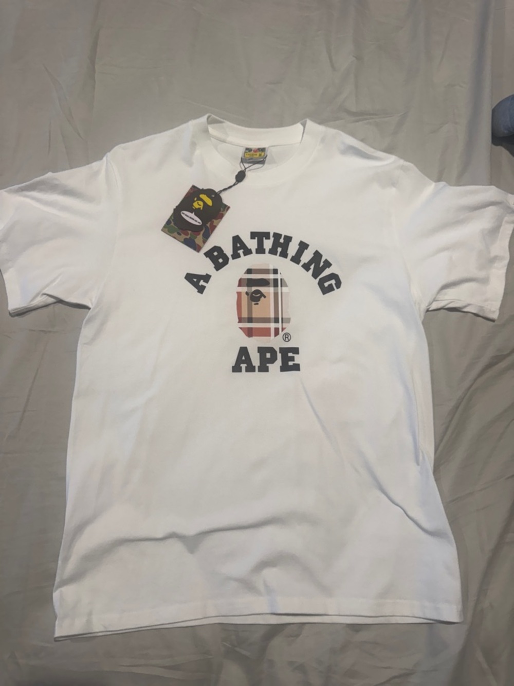 Bape White Short-Sleeve Tee with Plaid Ape Head Logo